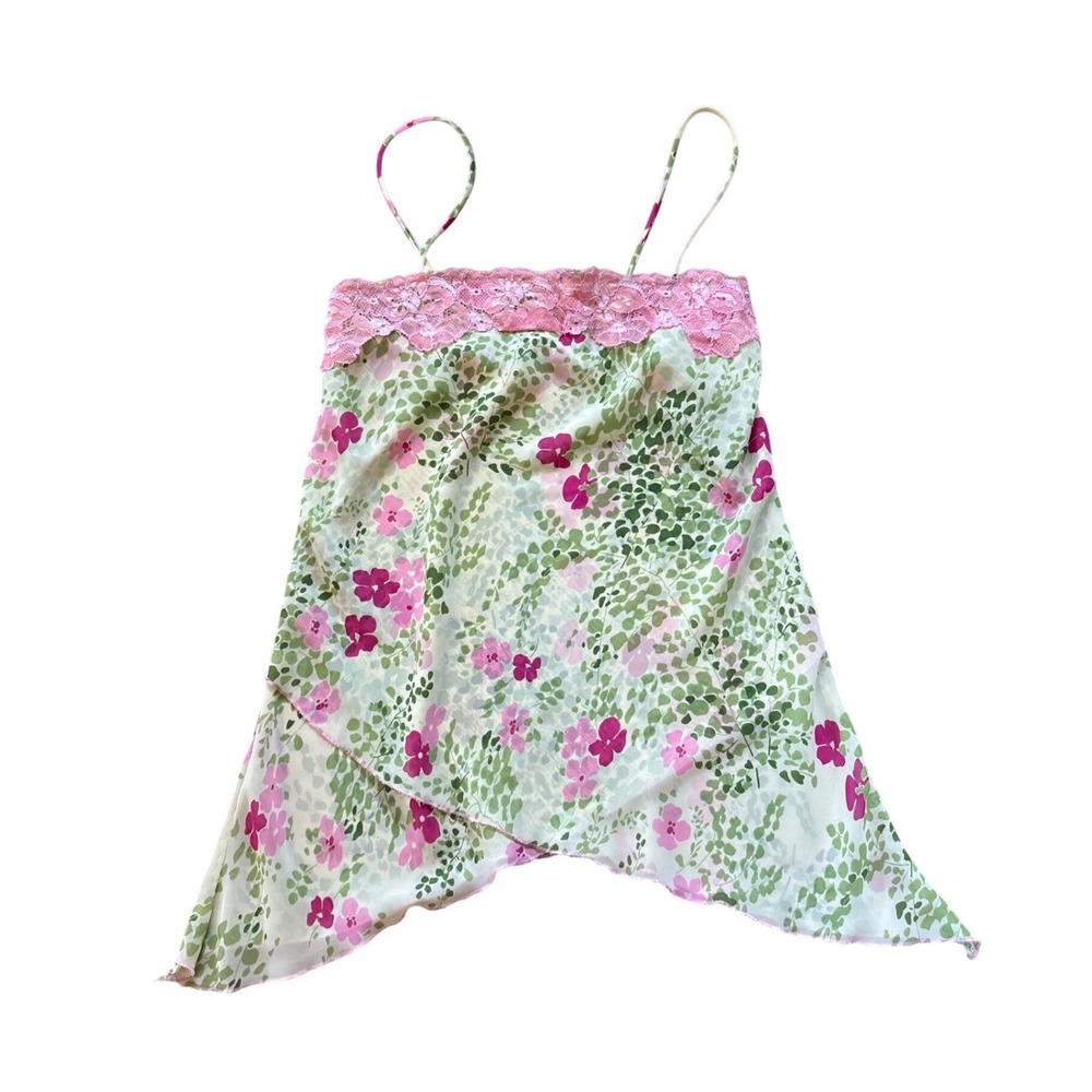 Jewels Cami Top Womens Green Pink Floral Lace Handkerchief Hem Y2K SIZE S